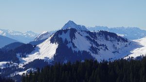 Preview wallpaper mountain, peak, snow, trees, winter, landscape