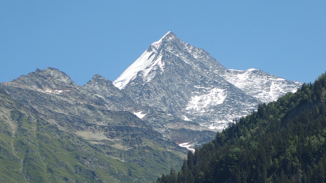 Wallpaper mountain, peak, snow, forest, slope