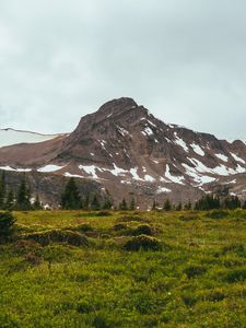 Preview wallpaper mountain, peak, snow, trees, nature, landscape