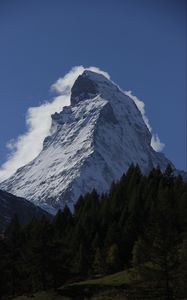 Preview wallpaper mountain, peak, snow, clouds, trees, landscape