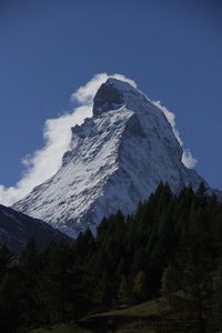 Preview wallpaper mountain, peak, snow, clouds, trees, landscape