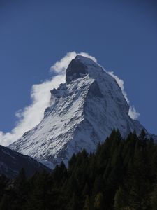 Preview wallpaper mountain, peak, snow, clouds, trees, landscape