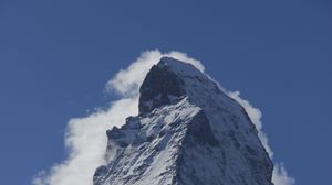 Preview wallpaper mountain, peak, snow, clouds, trees, landscape