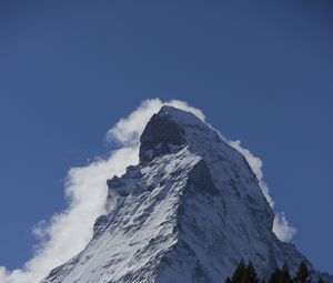 Preview wallpaper mountain, peak, snow, clouds, trees, landscape