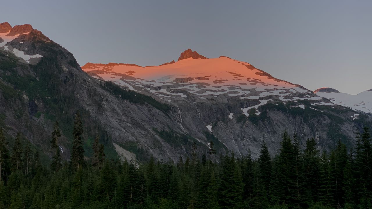 Wallpaper mountain, peak, snow, trees, nature, twilight