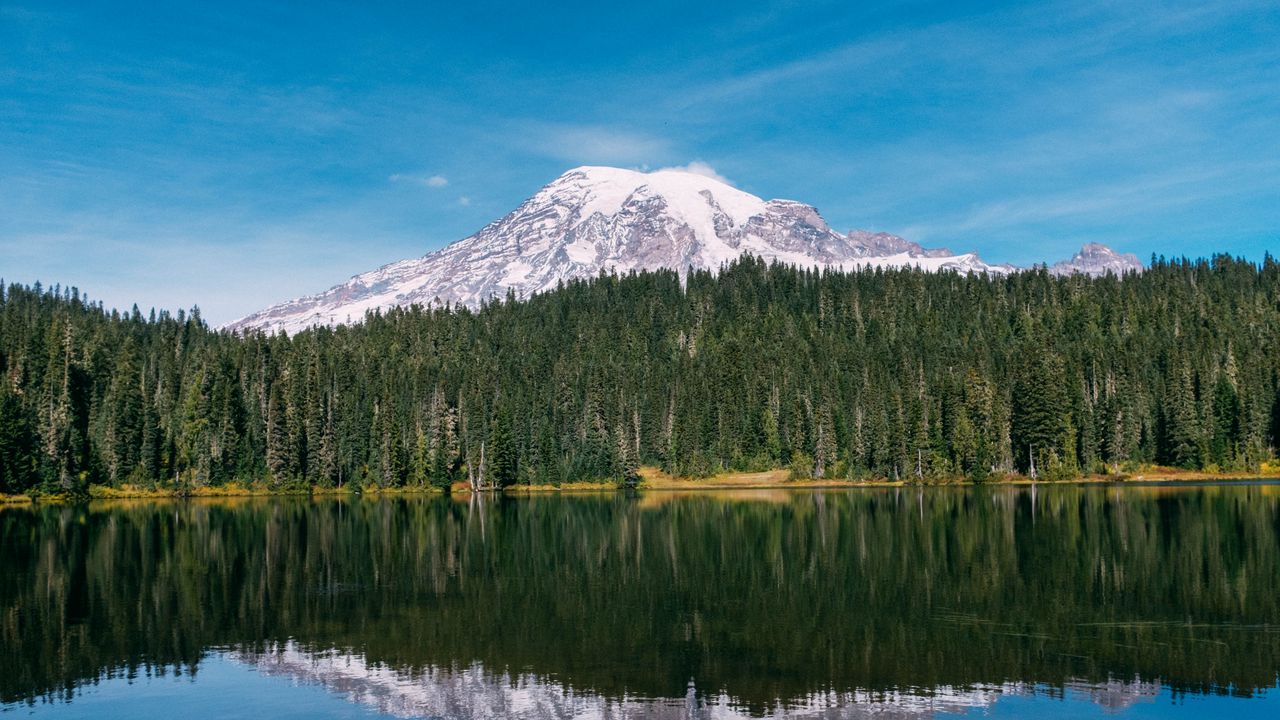 Wallpaper mountain, peak, snow, trees, lake, landscape