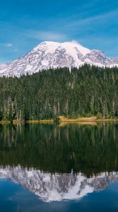 Preview wallpaper mountain, peak, snow, trees, lake, landscape