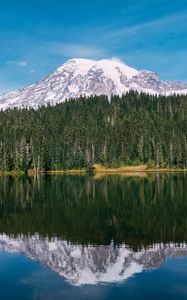 Preview wallpaper mountain, peak, snow, trees, lake, landscape