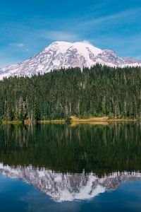 Preview wallpaper mountain, peak, snow, trees, lake, landscape