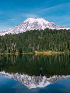 Preview wallpaper mountain, peak, snow, trees, lake, landscape