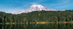 Preview wallpaper mountain, peak, snow, trees, lake, landscape