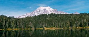 Preview wallpaper mountain, peak, snow, trees, lake, landscape