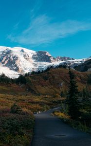 Preview wallpaper mountain, peak, snow, path, landscape, nature