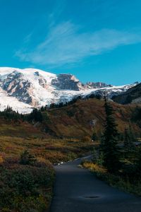 Preview wallpaper mountain, peak, snow, path, landscape, nature