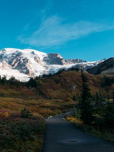 Preview wallpaper mountain, peak, snow, path, landscape, nature