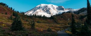 Preview wallpaper mountain, peak, snow, path, landscape, nature