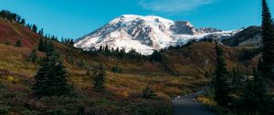 Preview wallpaper mountain, peak, snow, path, landscape, nature