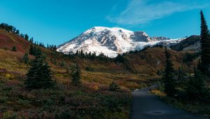 Preview wallpaper mountain, peak, snow, path, landscape, nature