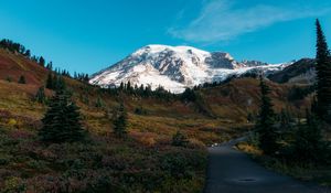 Preview wallpaper mountain, peak, snow, path, landscape, nature