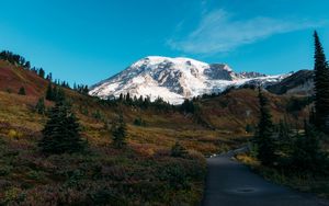 Preview wallpaper mountain, peak, snow, path, landscape, nature