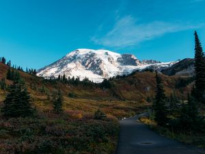 Preview wallpaper mountain, peak, snow, path, landscape, nature
