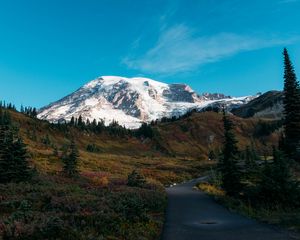 Preview wallpaper mountain, peak, snow, path, landscape, nature