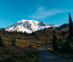 Preview wallpaper mountain, peak, snow, path, landscape, nature