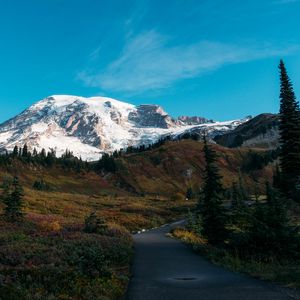 Preview wallpaper mountain, peak, snow, path, landscape, nature