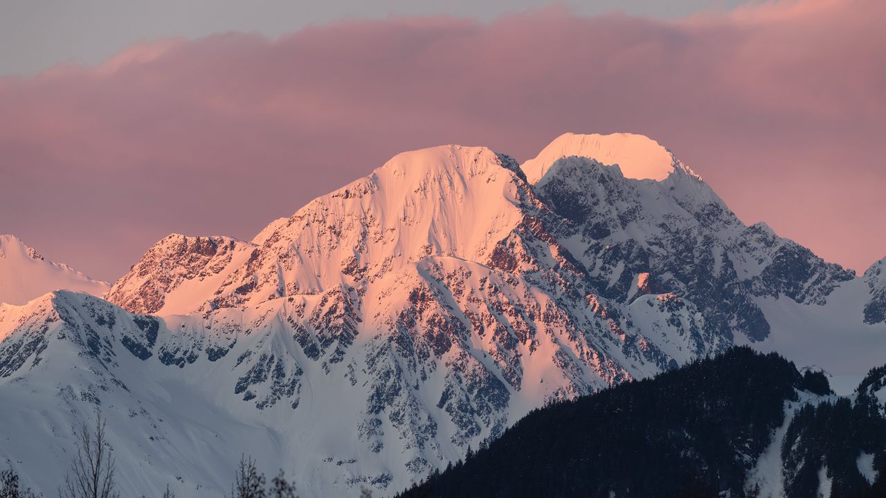 Wallpaper mountain, peak, snow, sunset, light