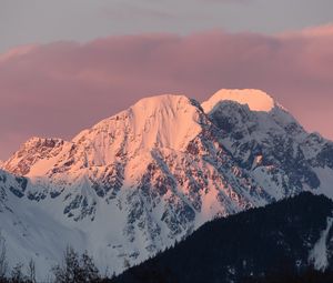 Preview wallpaper mountain, peak, snow, sunset, light