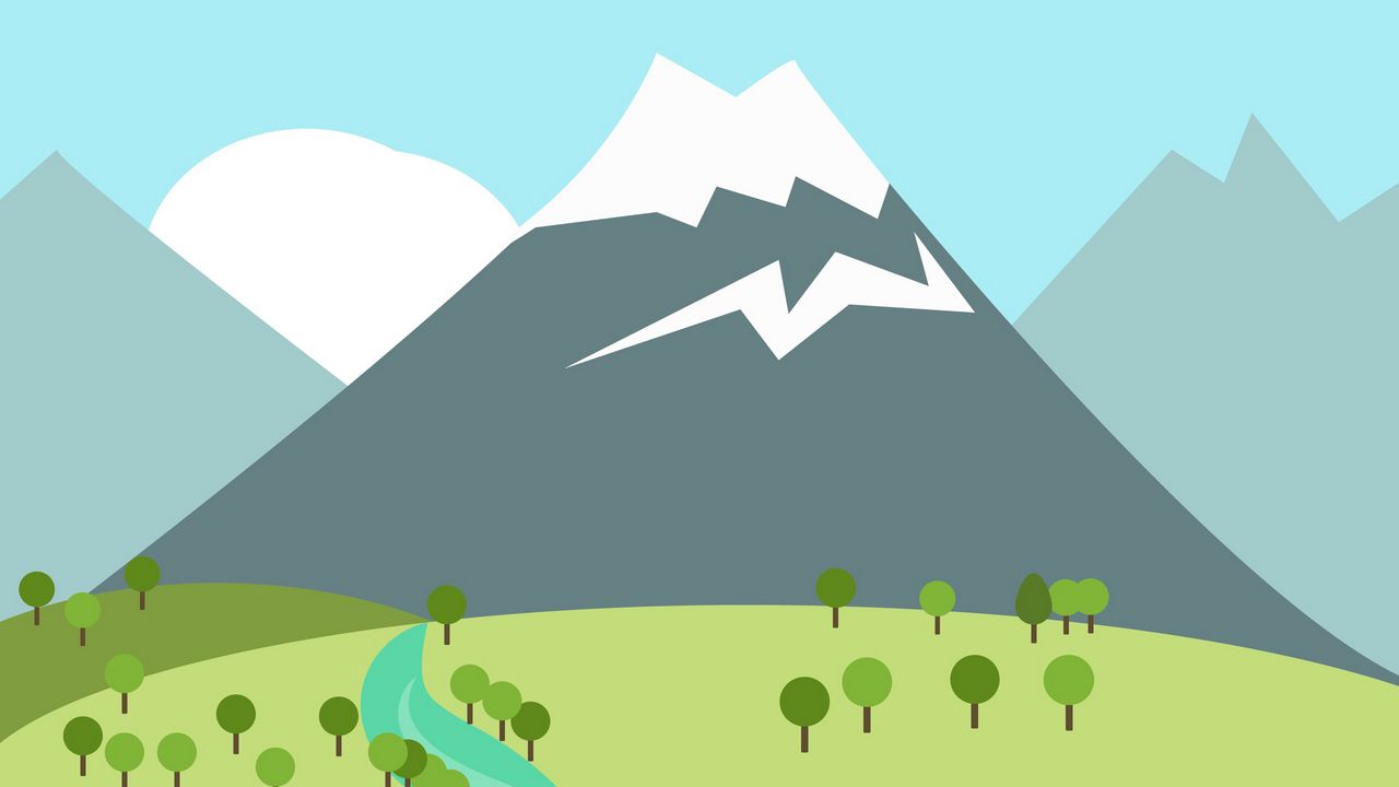 Wallpaper mountain, peak, snow, grass, trees, river, trail
