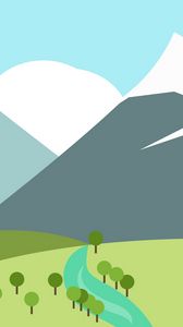 Preview wallpaper mountain, peak, snow, grass, trees, river, trail
