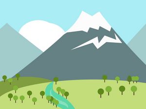 Preview wallpaper mountain, peak, snow, grass, trees, river, trail