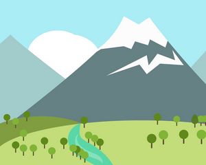 Preview wallpaper mountain, peak, snow, grass, trees, river, trail