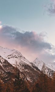 Preview wallpaper mountain, peak, snowy, clouds, trees, autumn, italy
