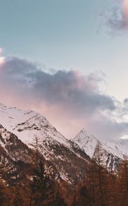 Preview wallpaper mountain, peak, snowy, clouds, trees, autumn, italy