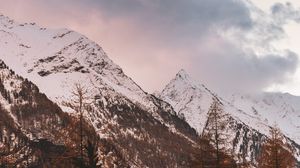 Preview wallpaper mountain, peak, snowy, clouds, trees, autumn, italy