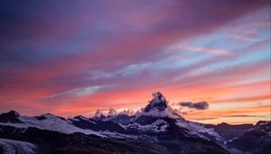 Preview wallpaper mountain, peak, snowy, clouds, sunset, zermatt, switzerland