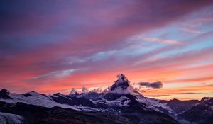 Preview wallpaper mountain, peak, snowy, clouds, sunset, zermatt, switzerland