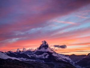 Preview wallpaper mountain, peak, snowy, clouds, sunset, zermatt, switzerland