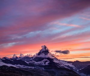 Preview wallpaper mountain, peak, snowy, clouds, sunset, zermatt, switzerland