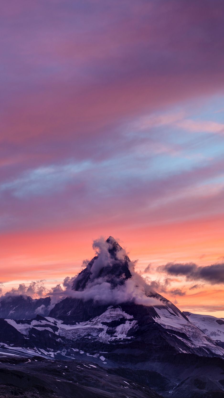 Download Wallpaper 938x1668 Mountain Peak Snowy Clouds Sunset Zermatt Switzerland Iphone 8 7 6s 6 For Parallax Hd Background
