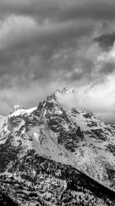 Preview wallpaper mountain, peak, snowy, clouds, fog, snow