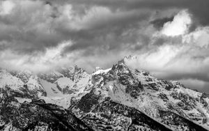 Preview wallpaper mountain, peak, snowy, clouds, fog, snow