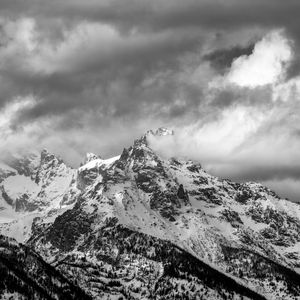 Preview wallpaper mountain, peak, snowy, clouds, fog, snow