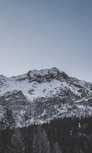 Preview wallpaper mountain, peak, snowy, stars, snowfall, sky