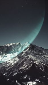 Preview wallpaper mountain, peak, snowy, light, starry sky