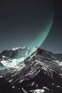 Preview wallpaper mountain, peak, snowy, light, starry sky