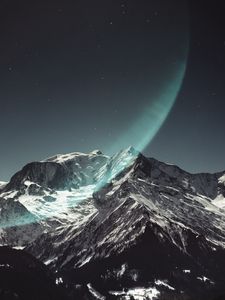 Preview wallpaper mountain, peak, snowy, light, starry sky