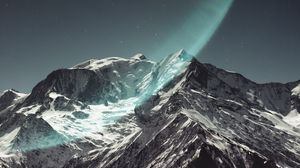 Preview wallpaper mountain, peak, snowy, light, starry sky